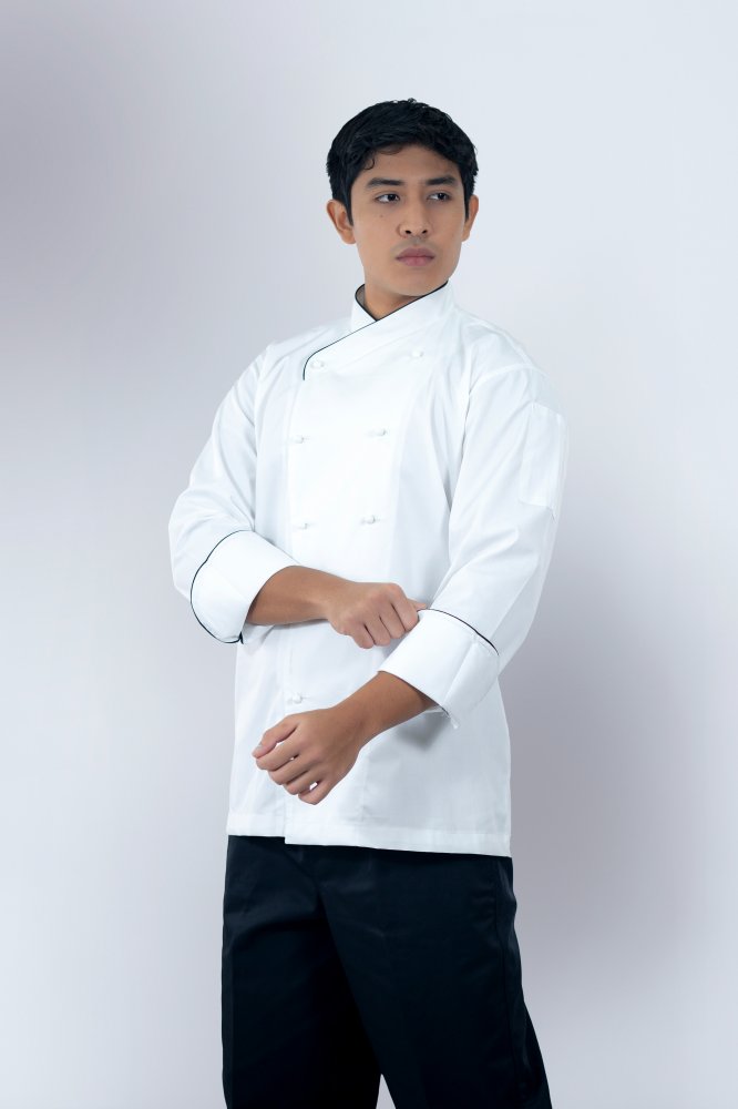 Black Piping Wrap-Over White Long Sleeve Jacket