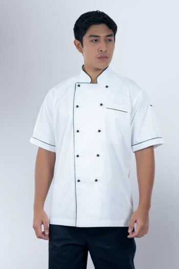Executive Short Sleeve Chef Jacket – White with Black Piping